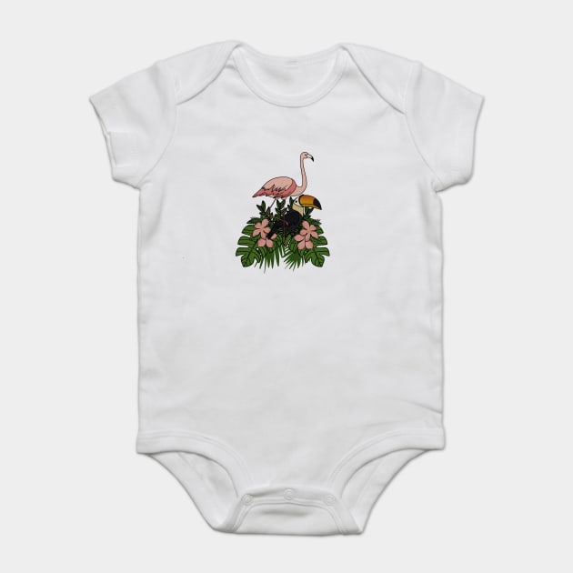 Toucan Bird Flamingo Bird Floral Palm Leaves Baby Bodysuit by logiamerch